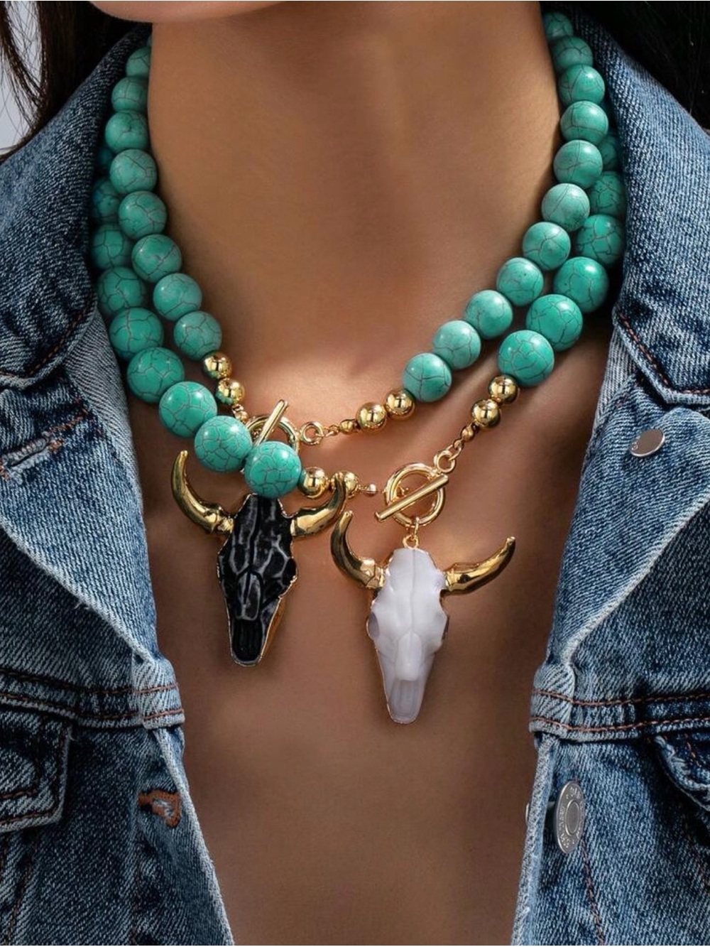 Western Necklace Turquoise Beaded Bull Skull Necklace In Black or White